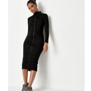 🌜 MISSGUIDED Size 6 Ribbed Midi Length Dress Full Zip Front Long Sleeve